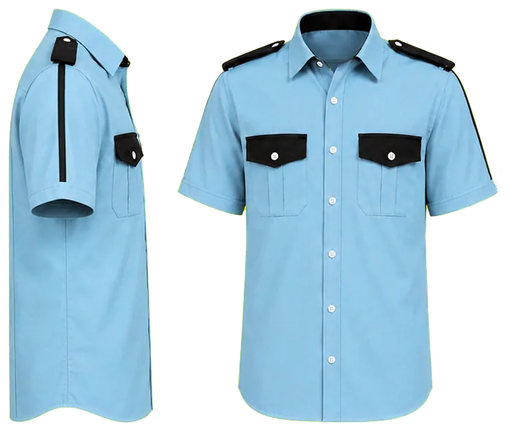 Vista lateral y de frente: camisa azul cielo combinada con azul marino manga corta