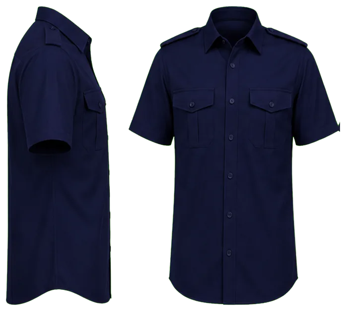 Vista lateral y de frente: camisa azul marino lisa manga corta