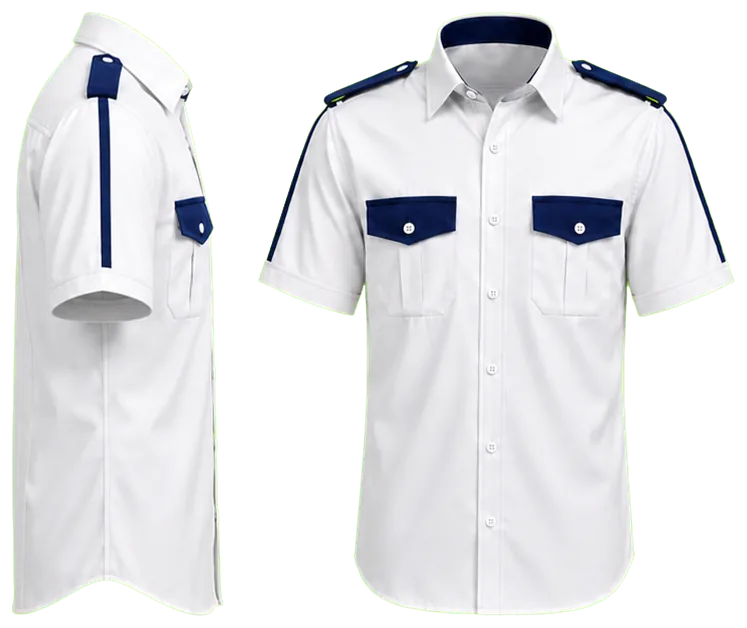 Vista lateral y de frente: camisa blanca combinada con azul marino manga corta