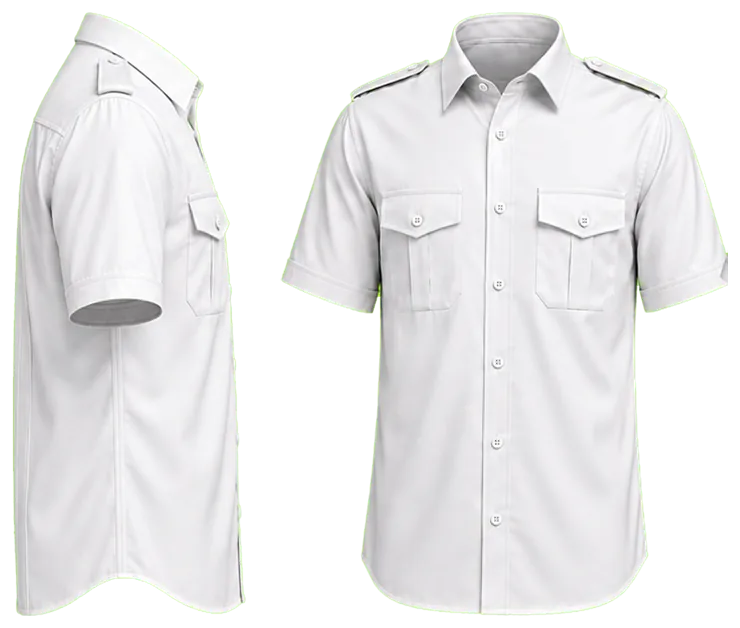 Vista lateral y de frente: camisa blanca lisa manga corta