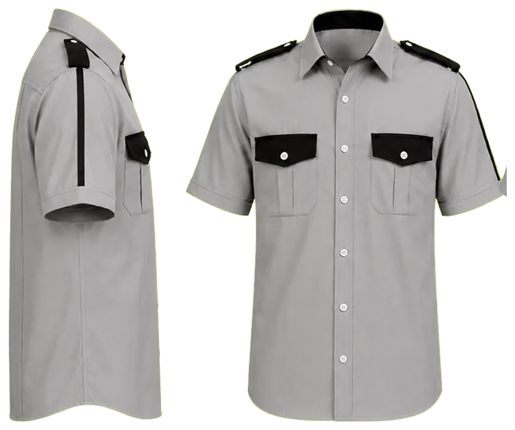 Vista lateral y de frente: camisa gris perla combinada con negro manga corta