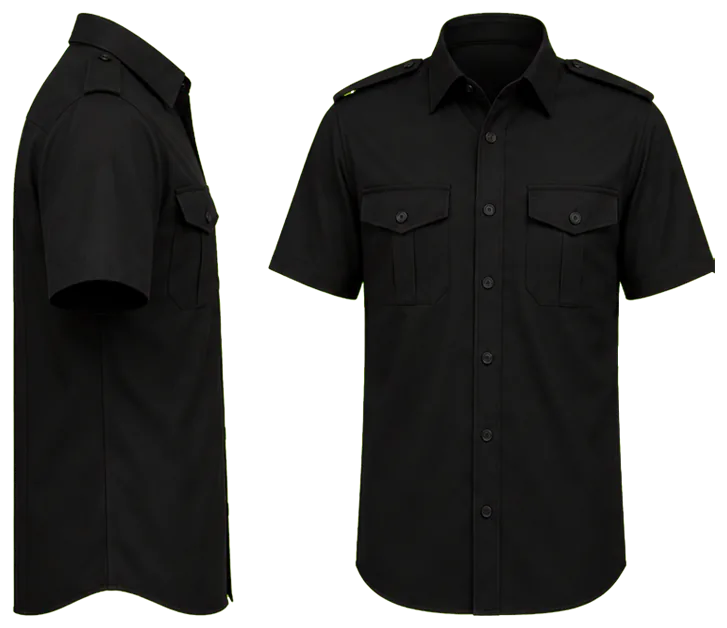 Vista lateral y de frente: camisa negra lisa manga corta