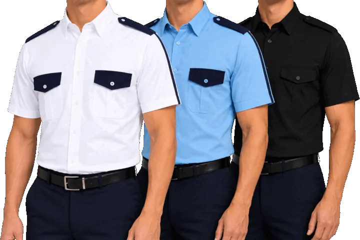 Camisas de manga corta blanca, azul cielo y negra con carteras en los bolsillos