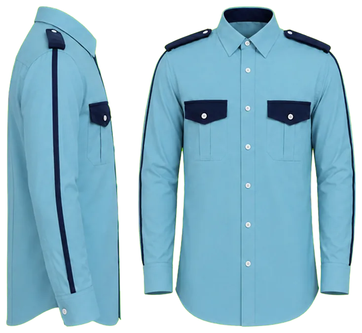 Vista lateral y de frente: camisa azul cielo combinada con azul marino manga larga