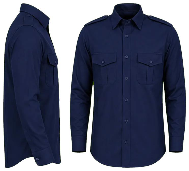 Vista lateral y de frente: camisa azul marino lisa manga larga