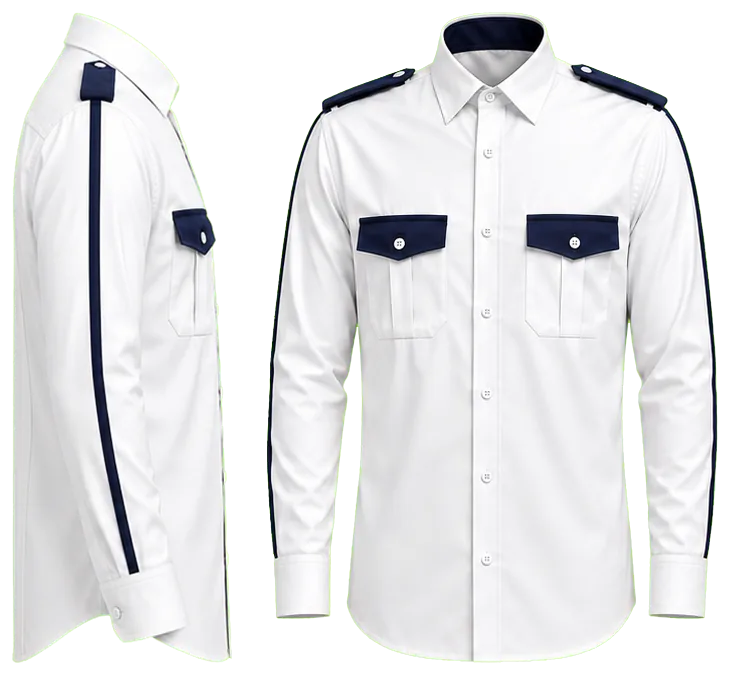 Vista lateral y de frente: camisa blanca combinada con azul marino manga larga