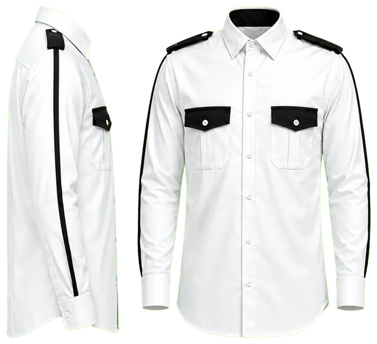 Vista lateral y de frente: camisa blanca combinada con negro manga larga