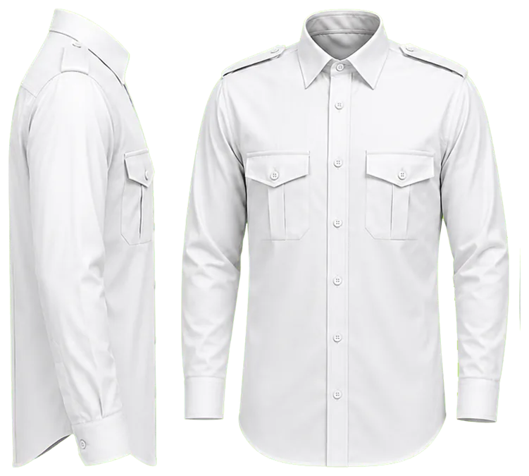 Vista lateral y de frente: camisa blanca lisa manga larga