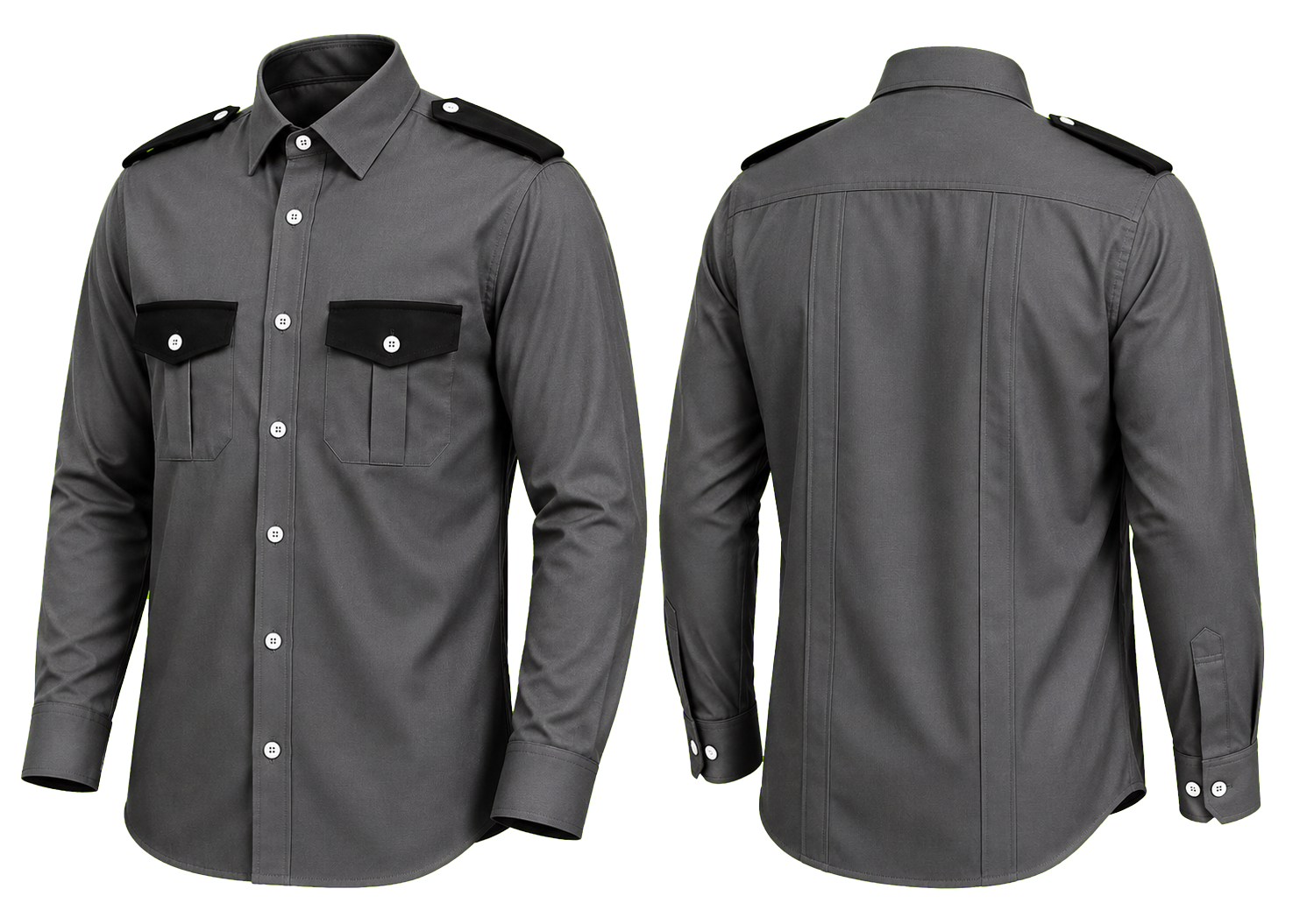 CAMISA GRIS OXFORD CON TAPAS Y HOMBRERAS NEGRAS MANGA LARGA
