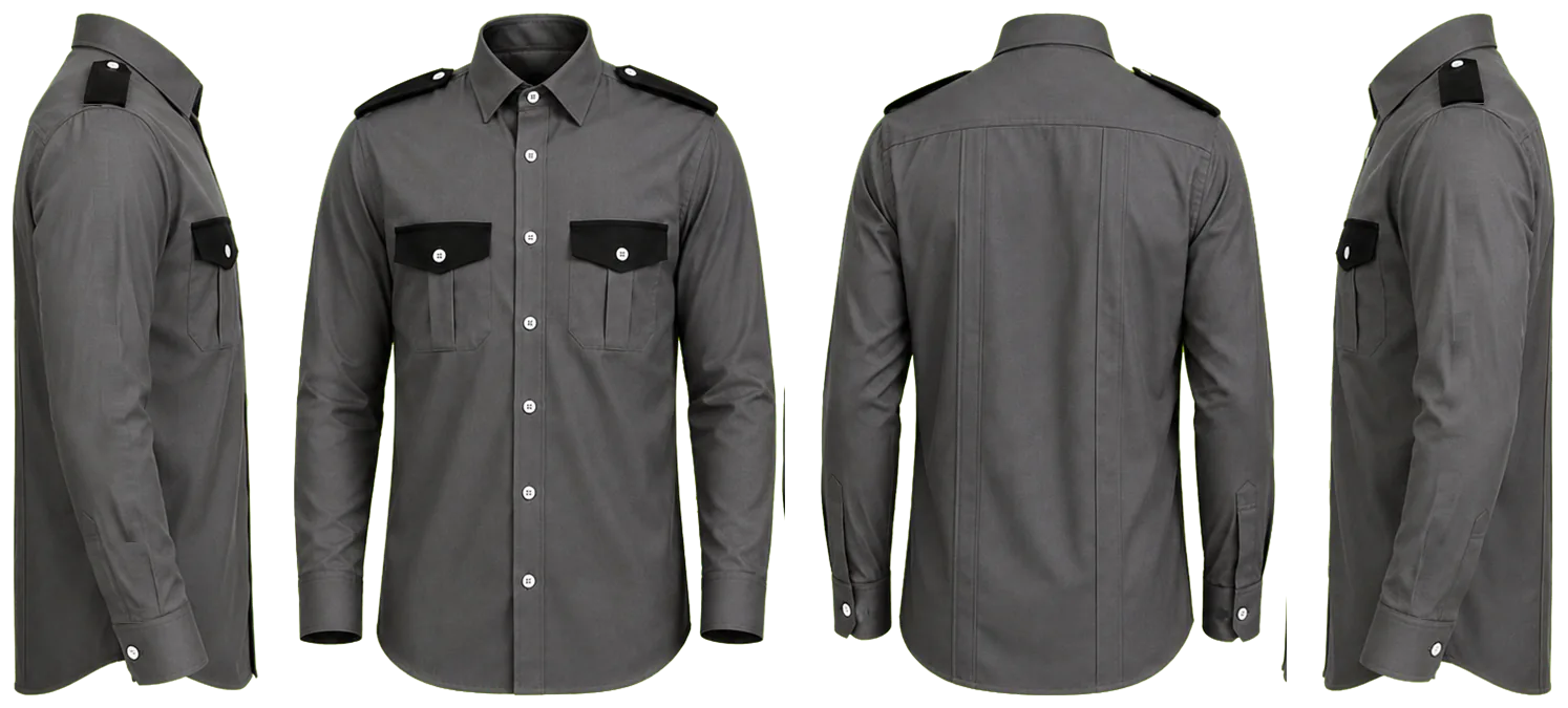 CAMISA GRIS OXFORD CON TAPAS Y HOMBRERAS NEGRAS MANGA LARGA