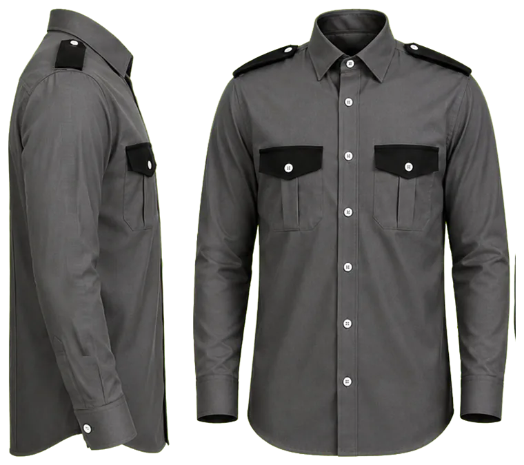 Vista lateral y de frente: camisa gris oxford con tapas y hombreras negras manga larga