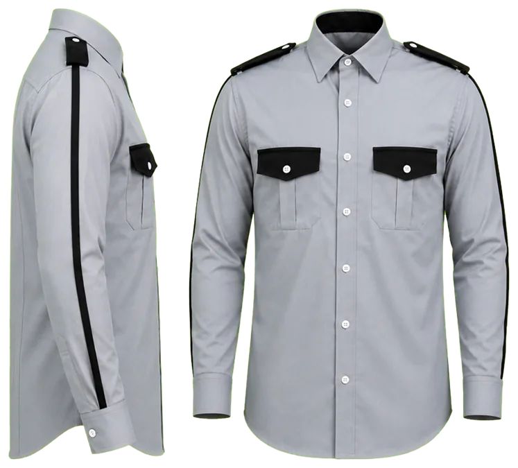 Vista lateral y de frente: camisa gris perla combinada con negro manga larga