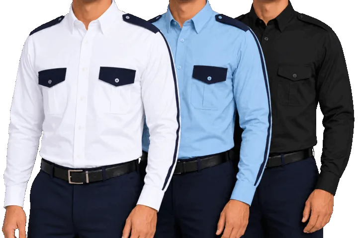 Camisas de manga larga blanca, azul cielo y negra con carteras en los bolsillos