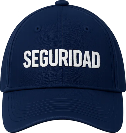 Foto: gorra azul marino con bordado seguridad en blanco