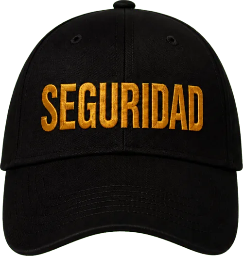 Foto: gorra negra con bordado seguridad en dorado