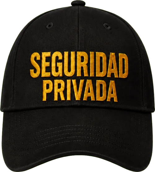 Foto: gorra negra con bordado seguridad privada en dorado