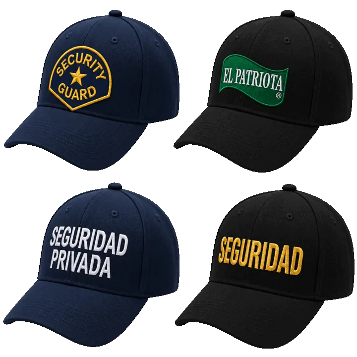 Gorras azul marino y negras bordadas con Security Guard, El Patriota, Seguridad Privada y Seguridad