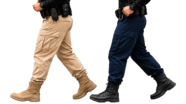 Pantalones comando caqui y azul marino con botas tácticas