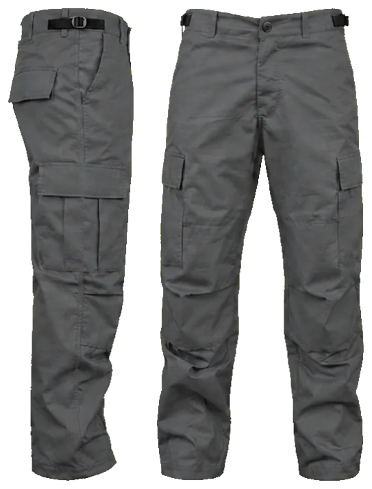 Vista lateral y de frente: pantalon comando gabardina gris oxford