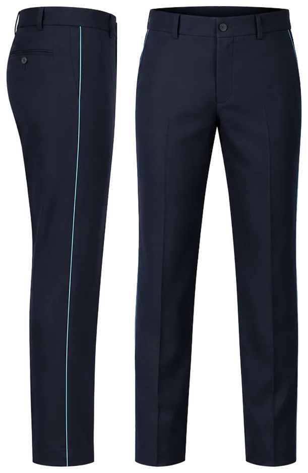 Vista lateral y de frente: pantalon de vestir azul marino piola azul cielo