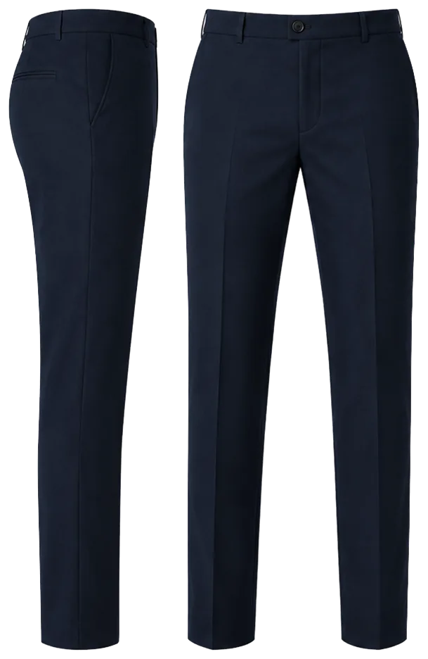 Vista lateral y de frente: pantalon de vestir azul marino sin piola