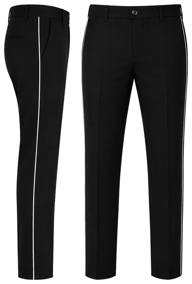 Vista lateral y de frente: pantalon de vestir negro piola blanca