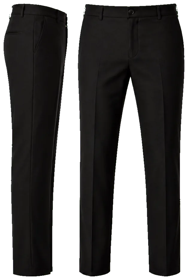Vista lateral y de frente: pantalon de vestir negro sin piola