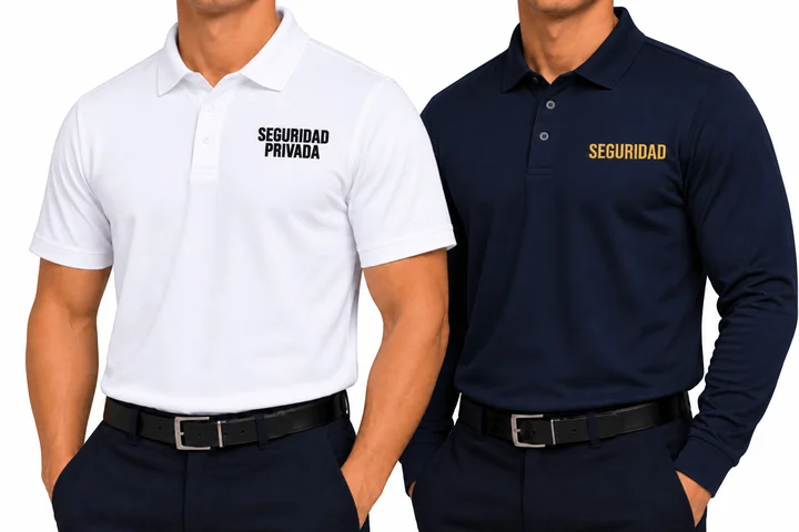 Playera blanca con SEGURIDAD PRIVADA en negro y azul marino con SEGURIDAD en dorado