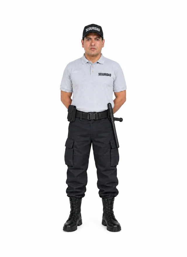 Foto: Uniforme Comando negro con playera tipo polo gris jaspe, con equipo