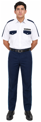 Uniforme de vestir azul marino con piola camisa blanca manga corta