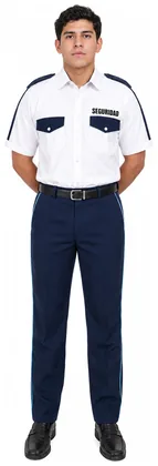 Uniforme de vestir azul marino con piola camisa blanca manga corta