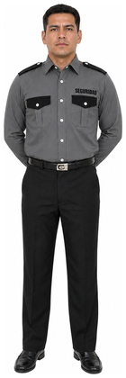 Uniforme de vestir negro sin piola camisa gris oxford manga larga