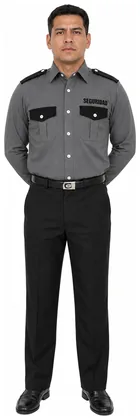 Uniforme de vestir negro sin piola camisa gris oxford manga larga