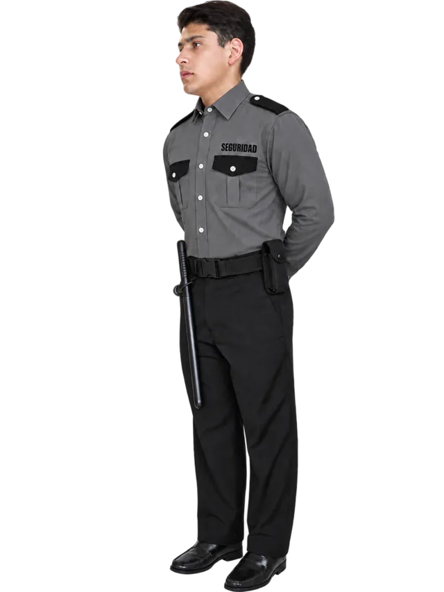 Foto: Uniforme de vestir negro sin piola camisa gris oxford manga larga, con equipo
