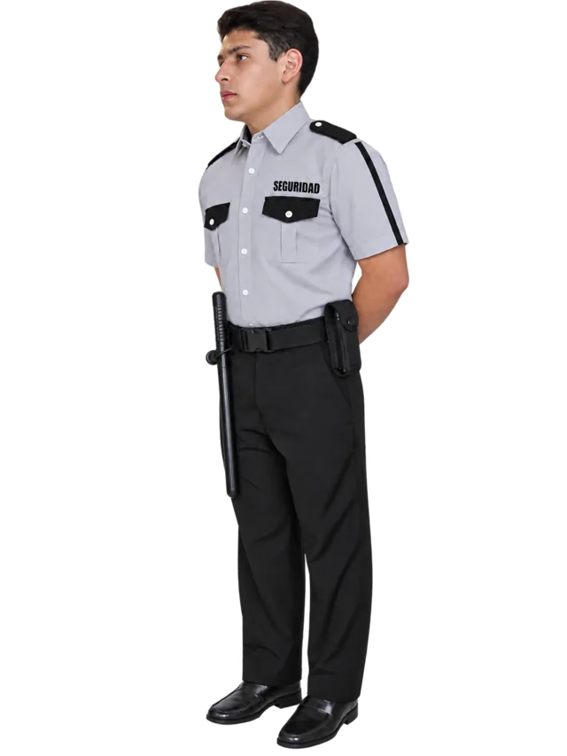 Foto: Uniforme de vestir negro sin piola camisa gris perla manga corta, con equipo
